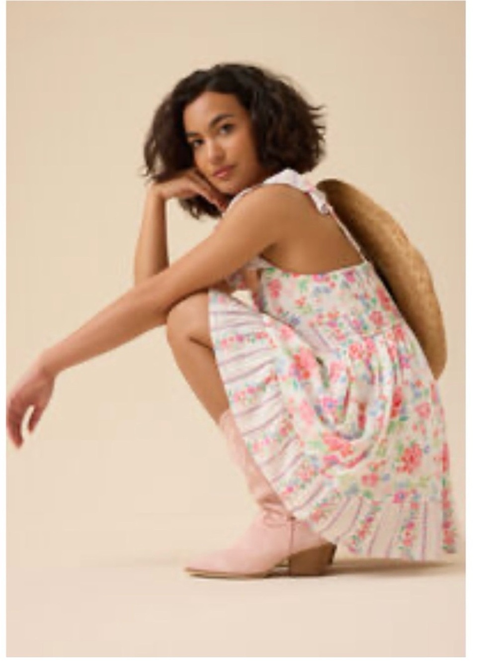 Pink Floral Tiered Sundress with Bow Straps
